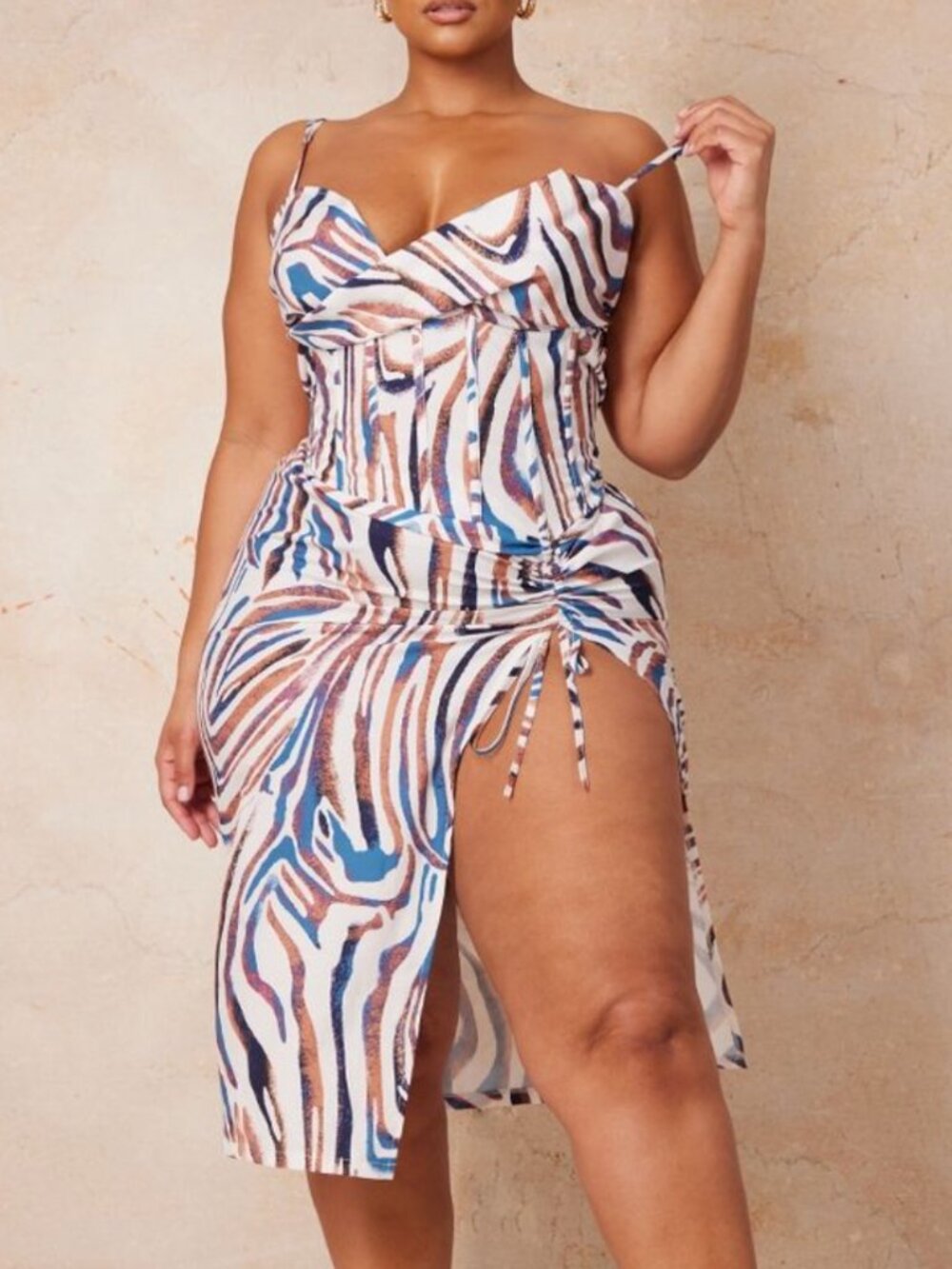 Plus Size Multicolor Zebra Print Cowl Sleeveless Ruched Side Midi Dress Size 14
